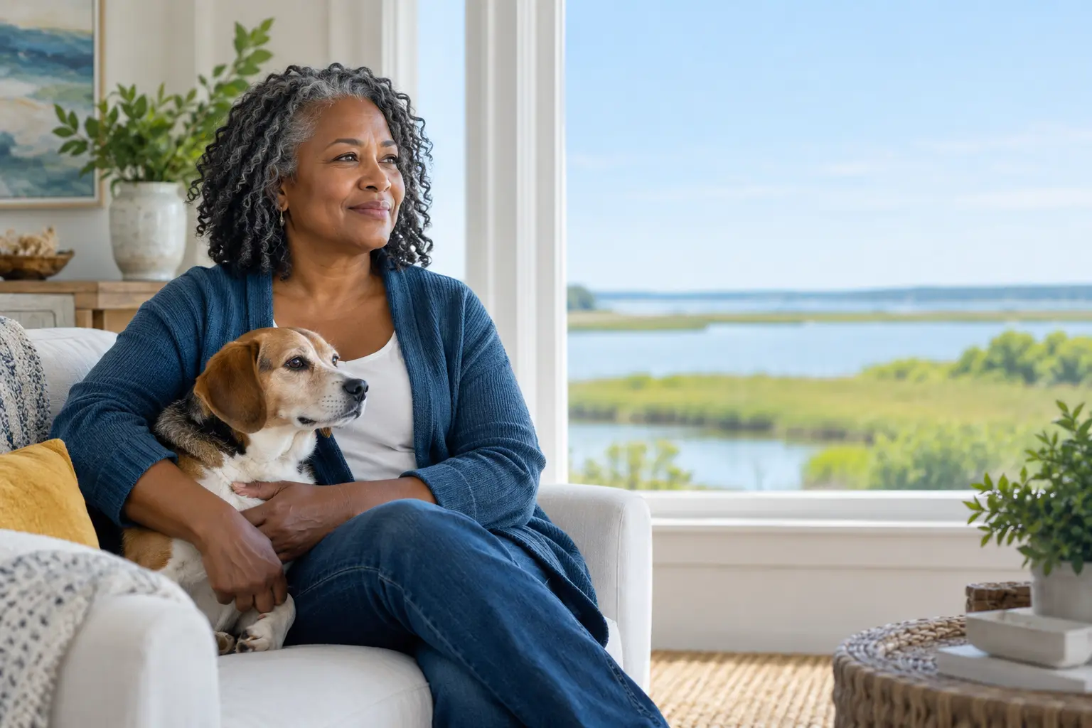 Delaware resident relaxing at home with her emotional support dog